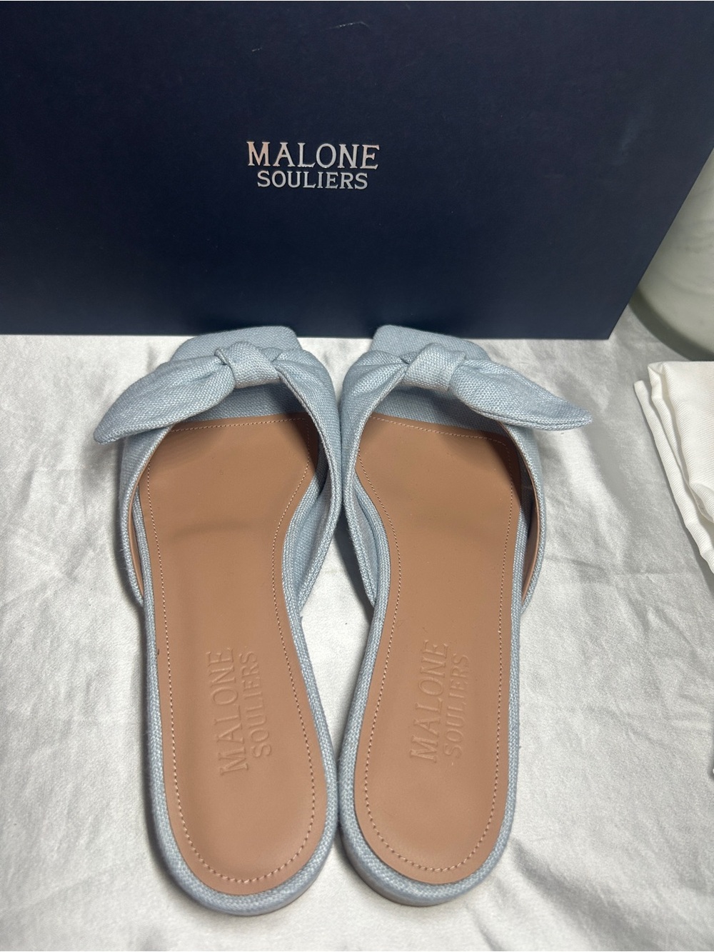 Malone Souliers Vargas Light Blue Linen Flats - Picture 5 of 7
